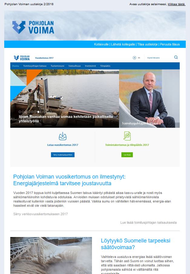 PohjolanVoima's tweet photo. Pohjolanvoima´n uutiskirje 2/2018 on ilmestynyt. Esillä mm. vuoden 2017 tietoja, säätövoimaa, vesivoiman talvea ja digitalisaatiota vesivoiman tuotannossa. Lue! https://t.co/qLbZkjCVMG https://t.co/2WHUhU1iAk