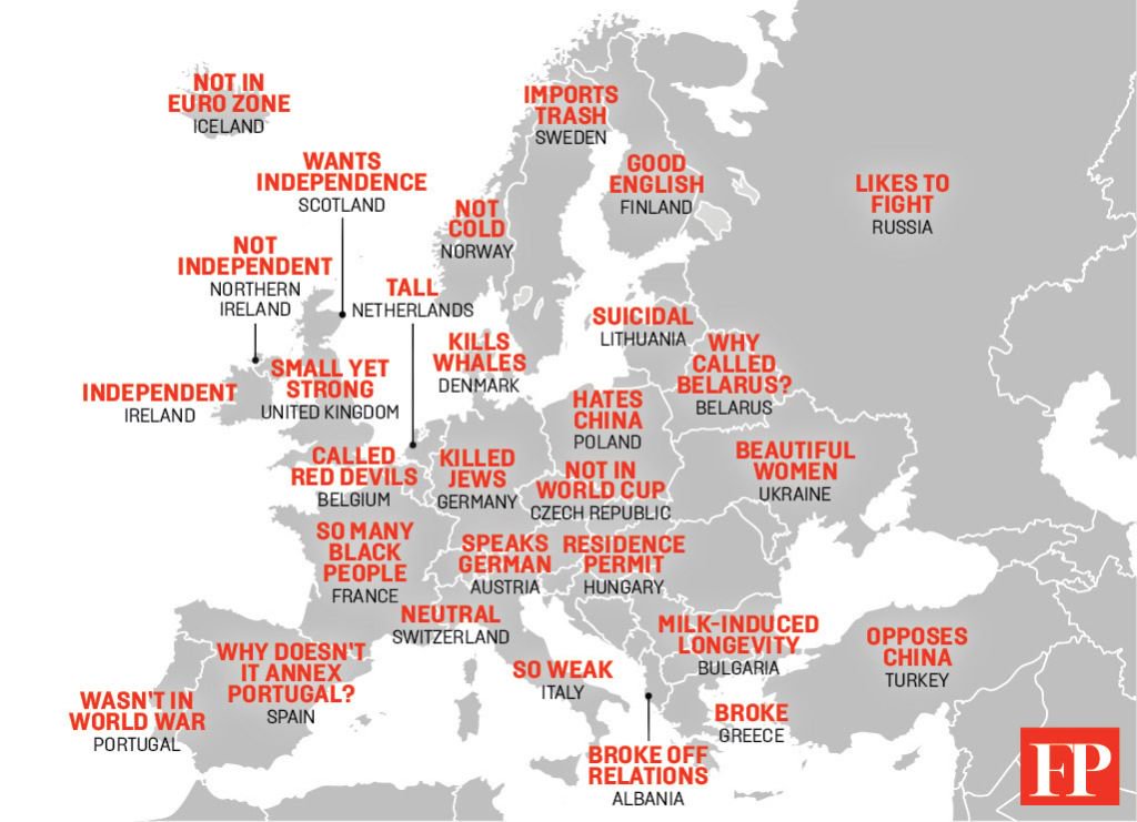 Map shows Chinese stereotypes of #Europeans based on internet search results. #China #Europe 

Source: buff.ly/2phAHfl