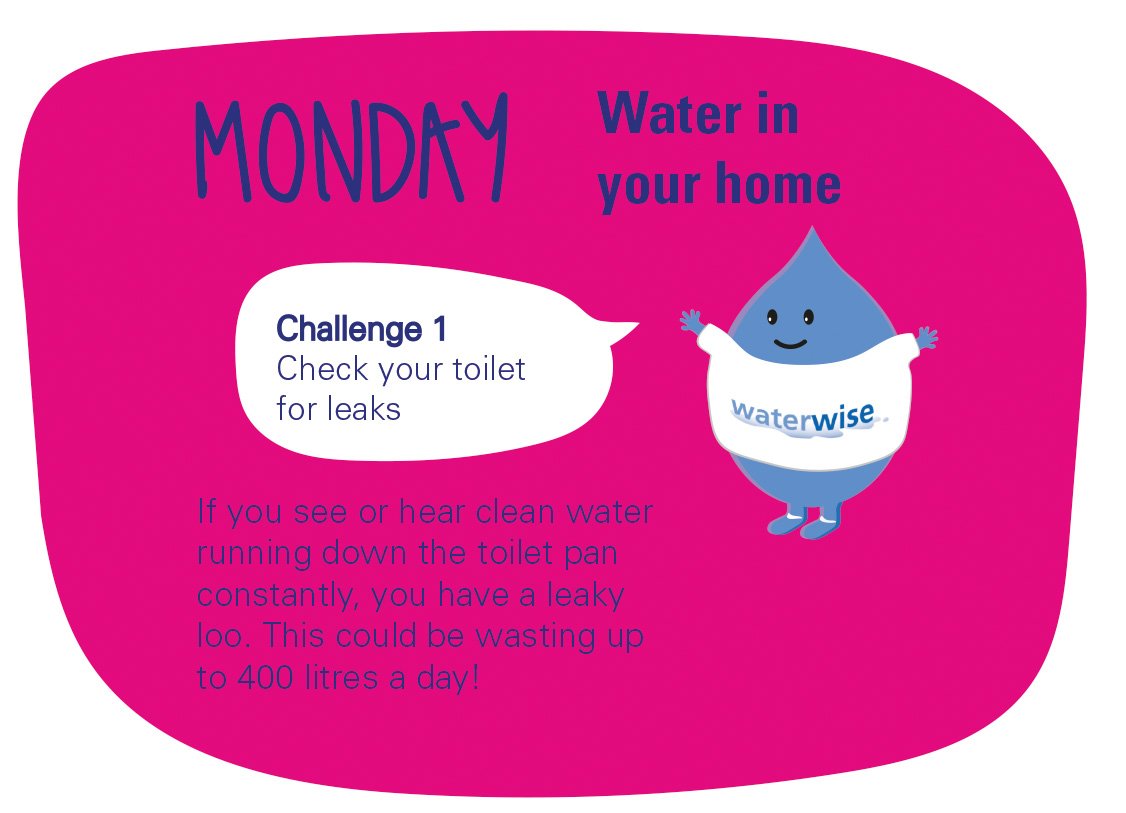 Waterwise's tweet photo. It's day one of #WaterSavingWeek. Kick off by saving water at #home. Take our challenge of the day or check out the website: https://t.co/cNPKuaLHOm for tips, facts and interactive content. It's also #FixaLeakWeek. Find an approved plumber via @WatersafeUK https://t.co/N6hUslym42
