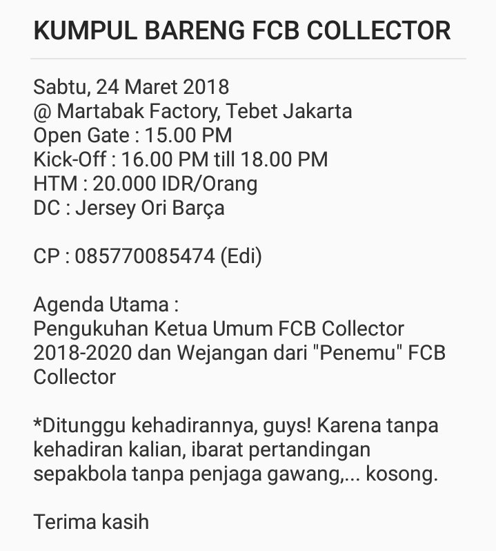 Ayo kumpul bareng FCB Collector pekan depan! Bisa juga saling tukar informasi mengenai jersey original Barça lho! 
#KumpulBarengFCBCollector #FCBCollector_2018_2020