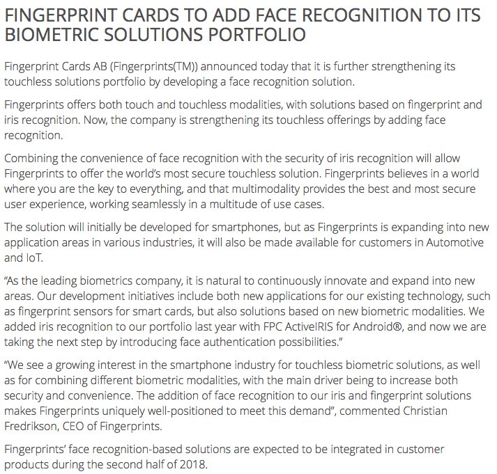 materiel's tweet photo. FINGERPRINT CARDS TO ADD FACE RECOGNITION TO ITS BIOMETRIC SOLUTIONS PORTFOLIO. Combining the convenience of face recognition with the security of iris recognition will allow Fingerprints to offer the world’s most secure touchless solution. https://t.co/pYmpfDF3qX #ActiveIRIS https://t.co/py3u0umKKb