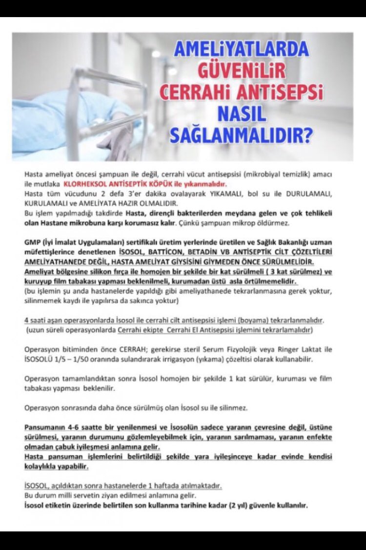 msapci1934's tweet photo. AMELİYAT HASTASININ, HASTANE MİKROBU KAPMAMASI MUCİZEDİR.
ÇÜNKÜ BATTİCON, İSOSOL VB CİLT ANTİSEPTİKLERİ İLE PANSUMAN 4-6 SAATTE BİR TEKRARLANMIYOR!
Hastane Mikrobu Öldürür!
Kader değil, Tıbbi Hatadır (#Malpraktis)
#Sağlıkiçinhijyenşart https://t.co/b5RkmFRJEE