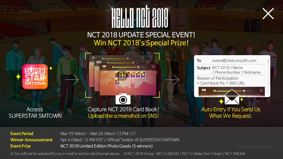 SuperStarSM_twt's tweet photo. [Tell us why you love #NCT &amp; Win The Special Prize!]
Access #SuperStarSMTOWN! Collect NCT cards and Power Up!
Make screenshots of #NCT_U #NCT_DREAM CARD BOOK! Upload on SNS!
Send us with the right format! #NCT2018 Limited Photo Goods For 5 Lucky Winners! https://t.co/eI2F5ummoL