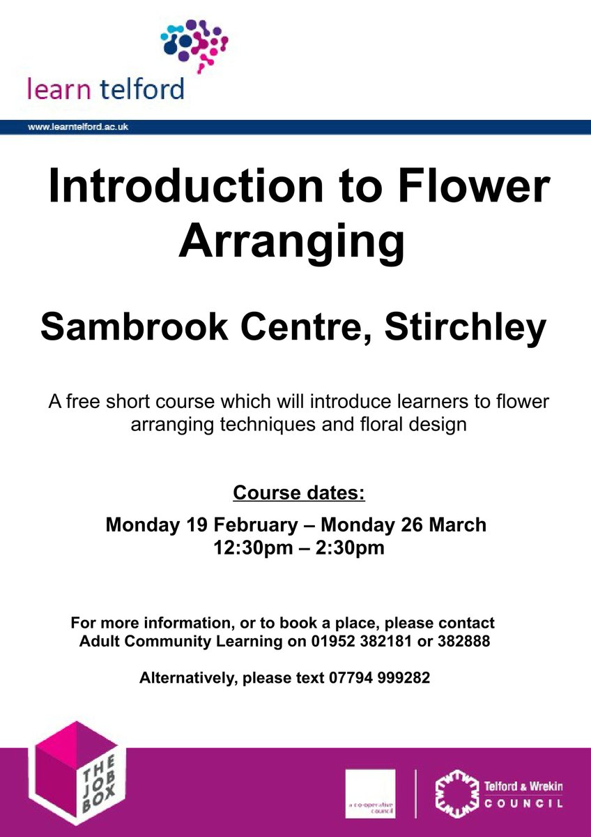 BrooksideCentra's tweet photo. Introduction to Flower Arranging 

Sambrook Centre, Stirchley 

A free short course which will introduce learners to flower arranging techniques and floral design

Course dates:

Monday 19 February – Monday 26 March 
12:30pm – 2:30pm https://t.co/80Vku1h249