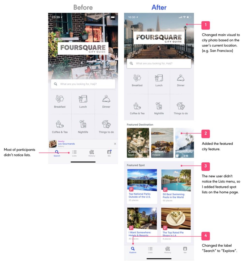 我怎么改进 Foursquare APP 的设计。用户调研发现搜索功能不好用，所以重新设计了流程和界面。作者是来自日本的 UI 设计师，以前在广告公司工作、做品牌设计 #设计参考 // Foursquare: A UX case study https://t.co/OLkCyq90DY https://t.co/HasiGlM4cr 1