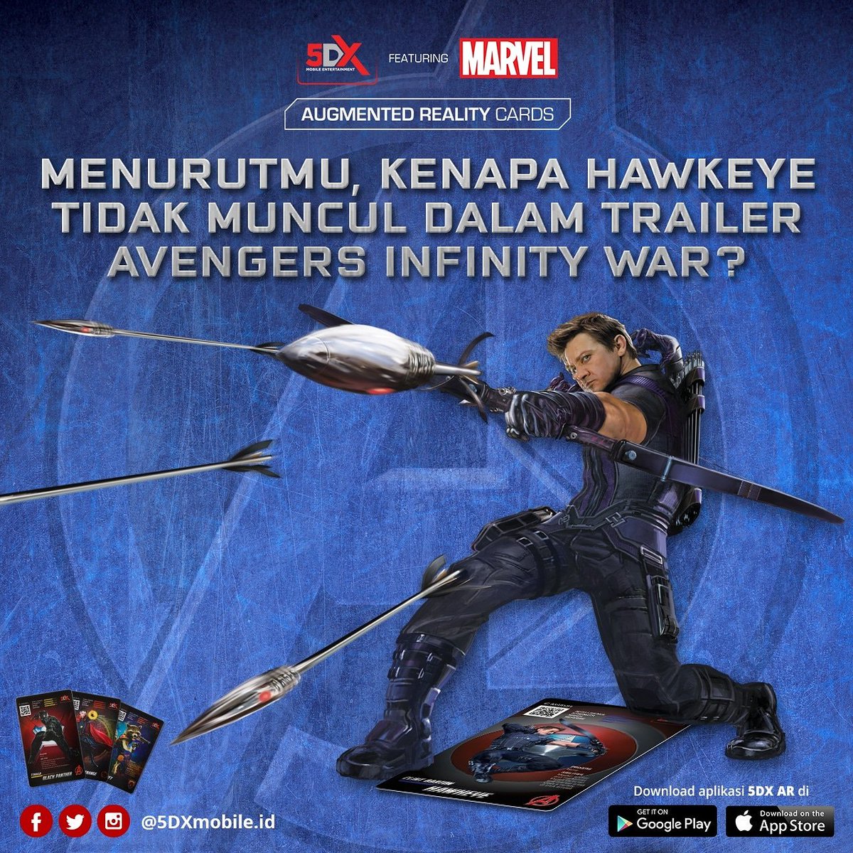 5dxmobile's tweet photo. #Hawkeye, salah satu hero kesayangan kita, tidak terlihat di trailer maupun poster #Avengers #InfinityWar. Menurut sobat 5DX kenapa nih kira-kira? Kasih tahu mimin, dong 😁

#5DX #5DXMobile #5DXMarvel #Kartu5DX #KartuAR #Koleksi #KartuKoleksi #Mainan #MainanKekinian #MainanViral https://t.co/aLErGLSj4o