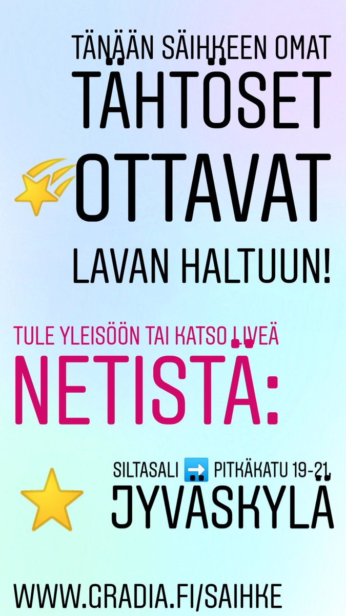 Gradiatuotannot's tweet photo. Säihke alkaa tänään! 🌠 Media-alan opiskelijat ovat mukana kuvaamassa konsertteja monikameratuotantona. Tule katsomaan paikanpäälle tai seuraa liveämme netistä! #gradiafi #jyväskylä #säihke #gradiajyväskylä #astettaenemmän https://t.co/wH0djGRuMX