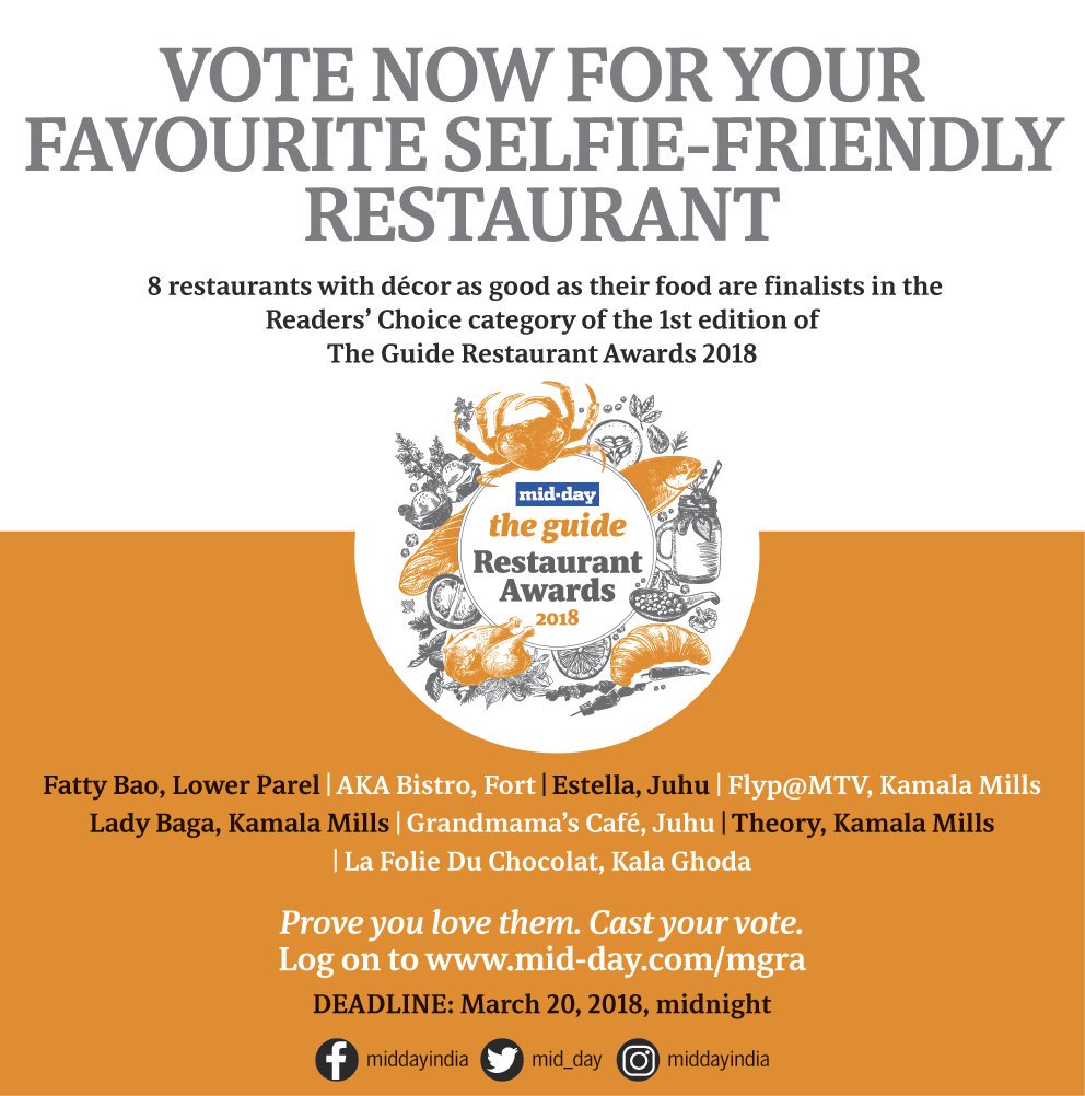 mid_day's tweet photo. Only 2 Days To Go! @mid_day launches the first edition of The Guide Restaurant Awards 2018. Vote for your favourite selfie-friendly restaurant in the Readers' Choice Category here: https://t.co/a6AzjPG2aV &amp; share your selfies from these restaurants too using #MiddayGuideAwards https://t.co/rVhAgQ3iVz
