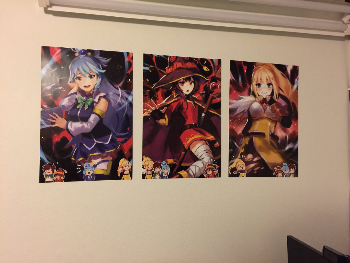 KenGGChan's tweet photo. I’m finally home from my first anime convention and the first thing I did was hang up my very first anime posters
@brownrabbitsart has some amazing artwork!!
(Megumin best girl btw) :D https://t.co/B887HFidAQ
