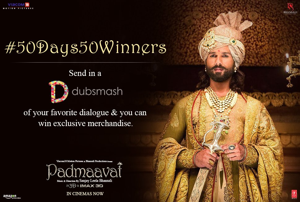 Itihaas apne panne badal sakta hai par Rajput apne usool nahi badalte! Send your @dubsmash with #50Days50Winners & win goodies! bitly.com/Padmaavat_Dubs… T&C Apply* @RanveerOfficial @deepikapadukone @shahidkapoor @aditiraohydari @Viacom18Movies @Bhansali_Prod @TSeries