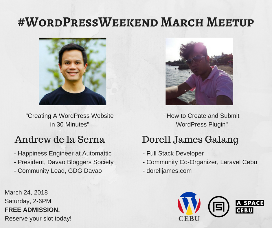 WordPressCebu's tweet photo. See you this Saturday for #WordPressWeekend Meetup, Cebu!
Register here: https://t.co/eHRZfCrWDv
Venue at #ASPACECebu. Let's go! #WPCebu #ThriveTayo https://t.co/0ctYg21rv3