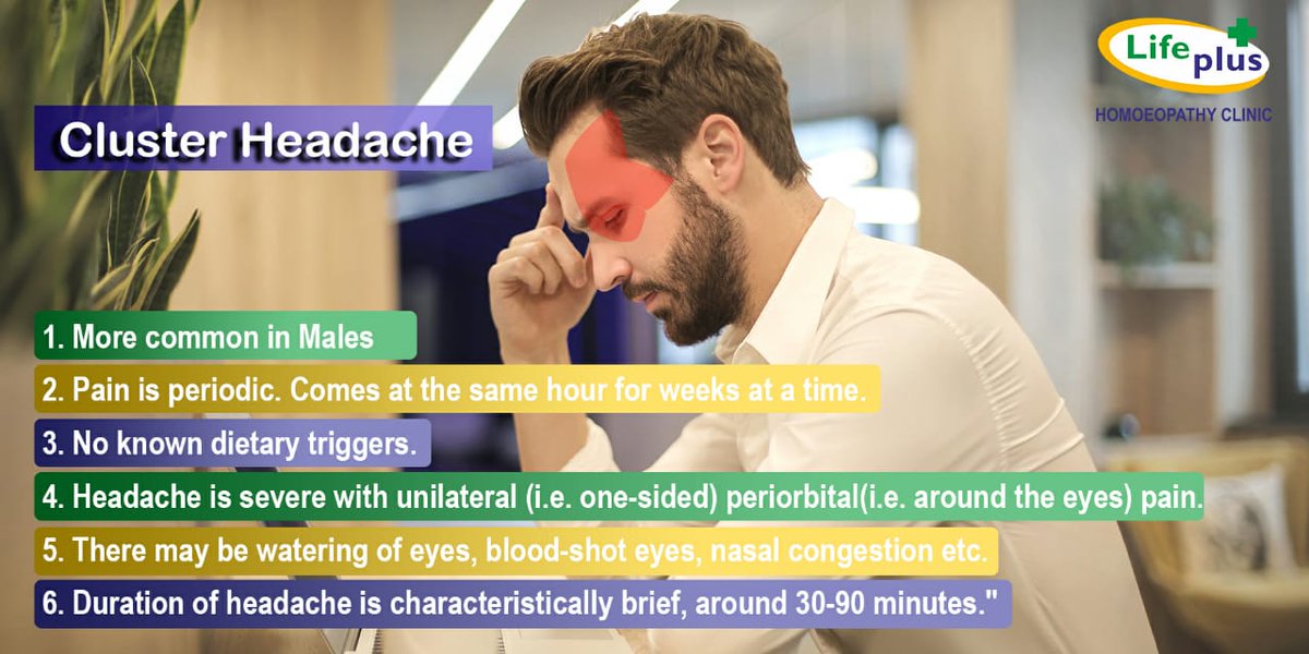 ahsoni1986's tweet photo. Headache Series- Post #5
Cluster headache-
Presentation is similar to migraine.
The image show the characteristics of cluster headache, that would help us to differentiate it from Migraine.
#headaches #headache #clusterheadache #typesofheadaches #lifeplushomoeopathyclinic https://t.co/OULvi2rzO3