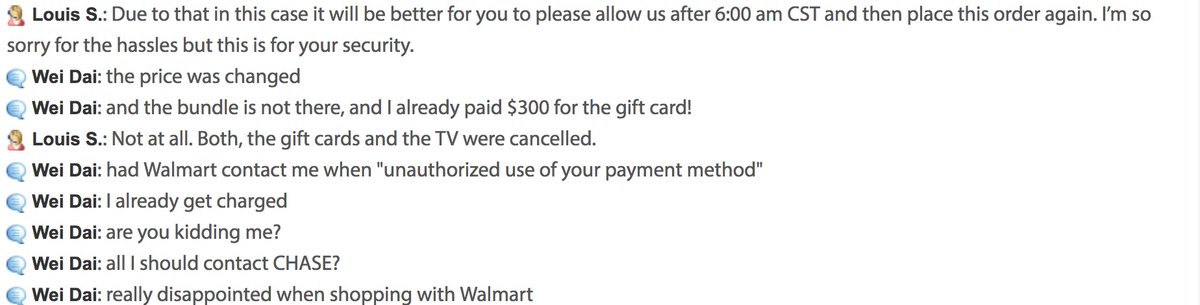 daiwei1992's tweet photo. @Walmart @walmarthelp   nice marketing, sell TV+giftcard bundle and canceled the TV, only charge for the gift card. Customer service is really helpful. The Biggest Supper market. https://t.co/0sNrUrpxyK