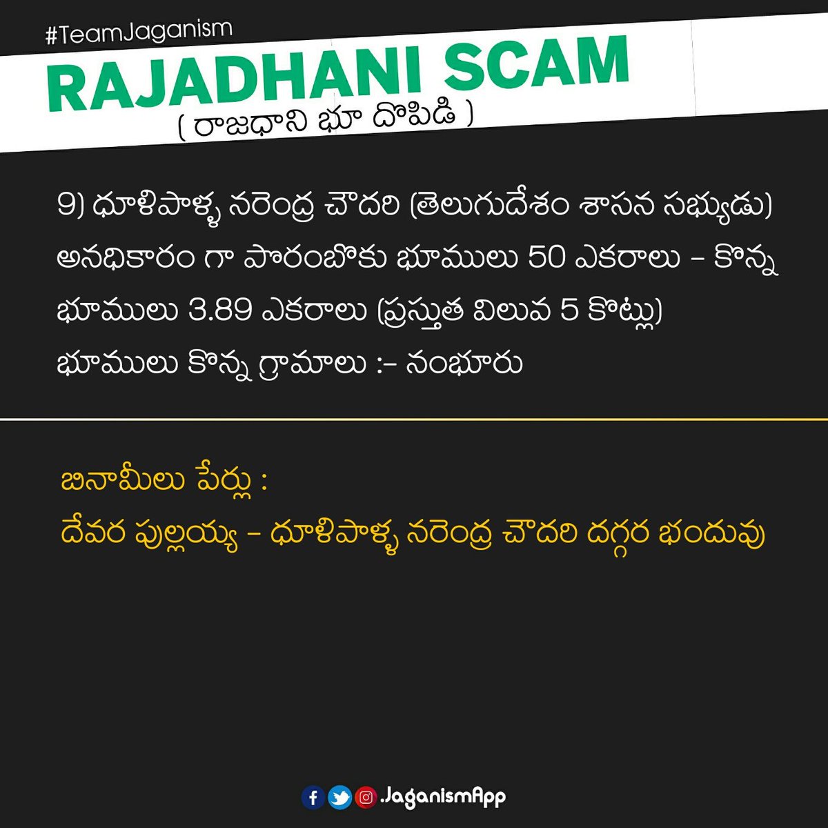 JaganismApp's tweet photo. రాజధాని దోపిడీ మీద పూర్తి ఆధారాలతో మీ ముందుకి తెచ్చాం..
#AmaravatiLandScam #TDPLandScam #TeamJaganism #ApDemandsSpecialStatus #ApSpecialStatus https://t.co/yTp2waxT0M