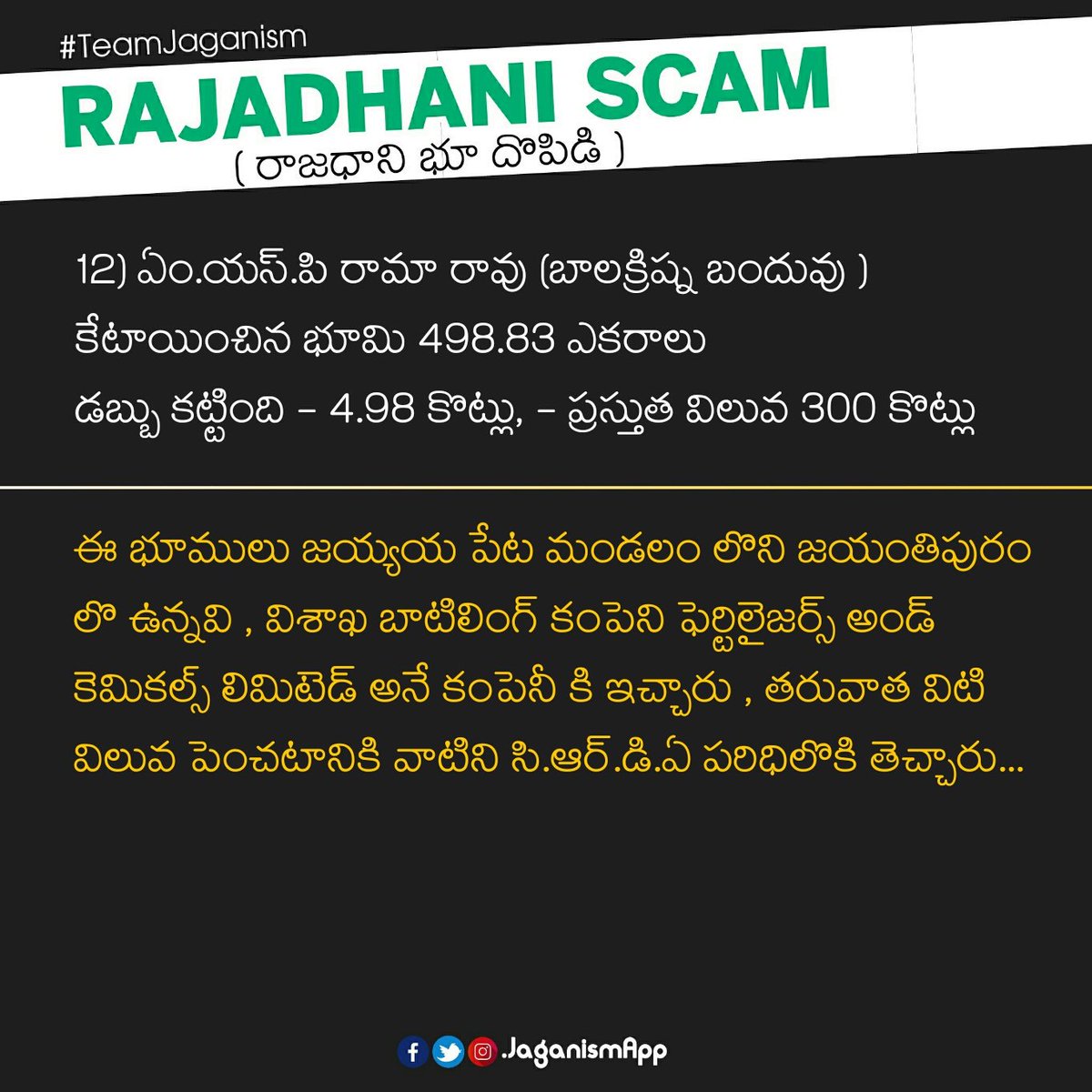 JaganismApp's tweet photo. రాజధాని దోపిడీ మీద పూర్తి ఆధారాలతో మీ ముందుకి తెచ్చాం..
#AmaravatiLandScam #TDPLandScam #TeamJaganism #ApDemandsSpecialStatus #ApSpecialStatus https://t.co/yTp2waxT0M