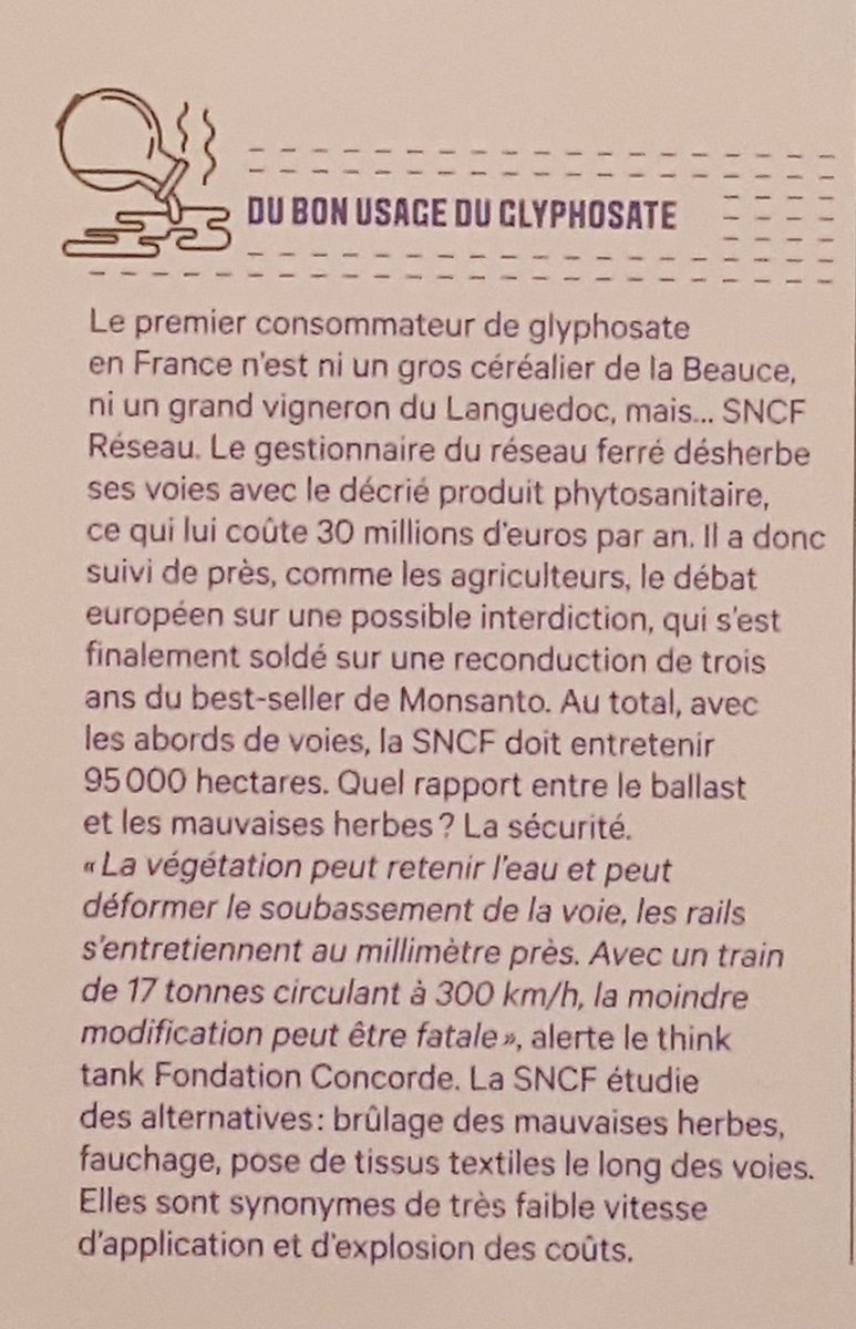 #Lesaviezvous 🤔 <a href="/SNCFReseau/">SNCF Réseau</a>  est le 1er utilisateur de glyphosate en France, dans le cadre de l'entretien des voies ferrées. <a href="/SNCFReseau/">SNCF Réseau</a> étudie donc de nouvelles alternatives...
Via <a href="/LesEchosWeekEnd/">Les Echos Week-End</a>