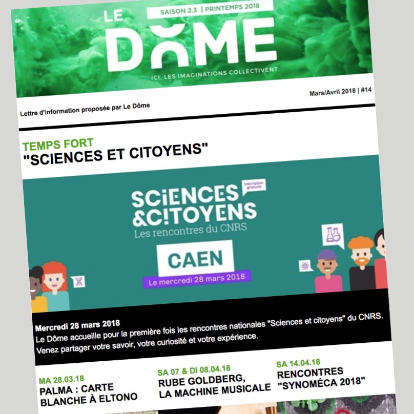 _LeDome's tweet photo. #Newsletter | Le concentré mensuel d'#Actu de @_LeDome, c'est le #FilInfo ! Au programme : les rencontres #SciencesEtCitoyensCaen, le @PalmaCaen, les #JEMA2018 et #Synomeca ! https://t.co/cUMp05Eejx N'oubliez pas de vous abonner ! #CST #CSTI #Environment #Cerveau #Science https://t.co/9Z232nPxFd