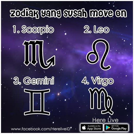 HereLiveID's tweet photo. Katanya sih kalau ke-empat zodiak ini adalah yang paling susah move on! Kira-kira bener ga ya? Hayoo coba cek zodiak kamu :p #HereLiveID #Zodiak #RamalanZodiak #moveon #gagalmoveon #susahmoveon https://t.co/XfSjSWtmif