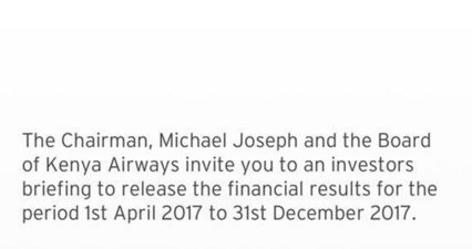 kenyanwalstreet's tweet photo. Kenya Airways will on Wednesday 21st March release its financial results for the period 1st April 2017 to 31st December 2017 https://t.co/Ks5gpdd8lg https://t.co/R748SY4PyN