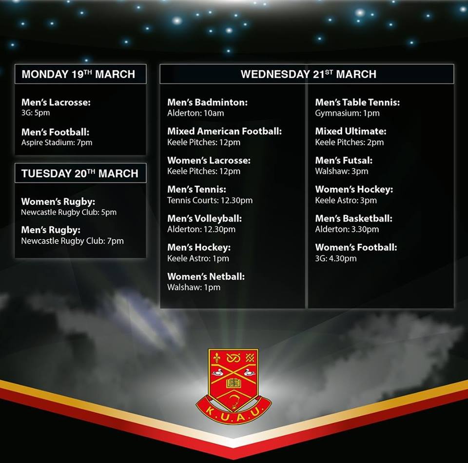 Today is the day! Varsity 2018 kicks off with <a href="/KeeleMensLax/">Keele Men's Lacrosse</a> at 5pm on the 3G followed by <a href="/KeeleMFC/">Keele University FC</a> at 5pm at the Aspire Stadium in Newcastle-under-Lyme! Wrap up warm and come to support <a href="/teamkeele/">Team Keele</a> 🎉

<a href="/KUBEradio/">KUBE</a> will also be providing coverage throughout the next few days!