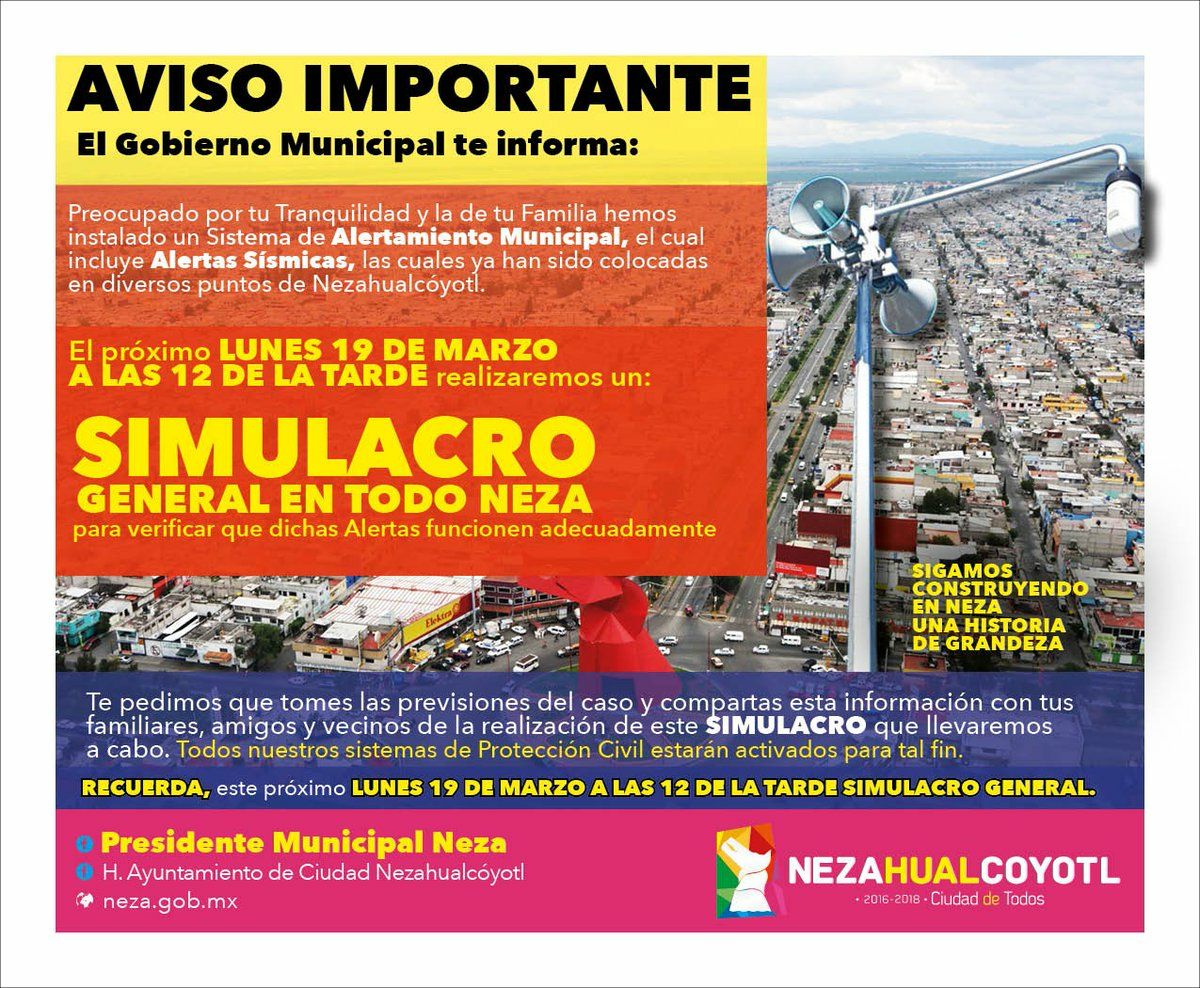 enezavoz's tweet photo. Hoy 19 de Marzo a las 12:00hrs se realizará  un simulacro con la hipótesis d Sísmo para q tomes las medidas necesarias y avisen a sus vecinos @TeQuieroNeza @NezaParque @YoSoy_Neza @NezaSinCaciques @AlertaNeza @Neza_EdoMex @nezalibre @coylavoz @PCB_Ecatepec https://t.co/sfHskswuFS