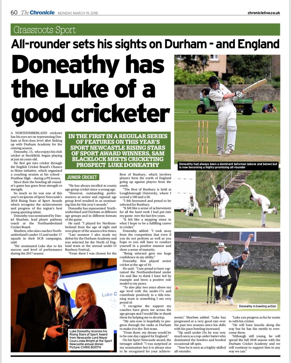 Sam_Blacklock_'s tweet photo. Today is the first of a series of features on this year’s Rising Star @SportNewcastle winners, check out today’s piece on my coverage of Northumberland Cricketer Luke Doneathy🏏🏆👏🏻 @pchsnews https://t.co/vCpD9Lkgvg