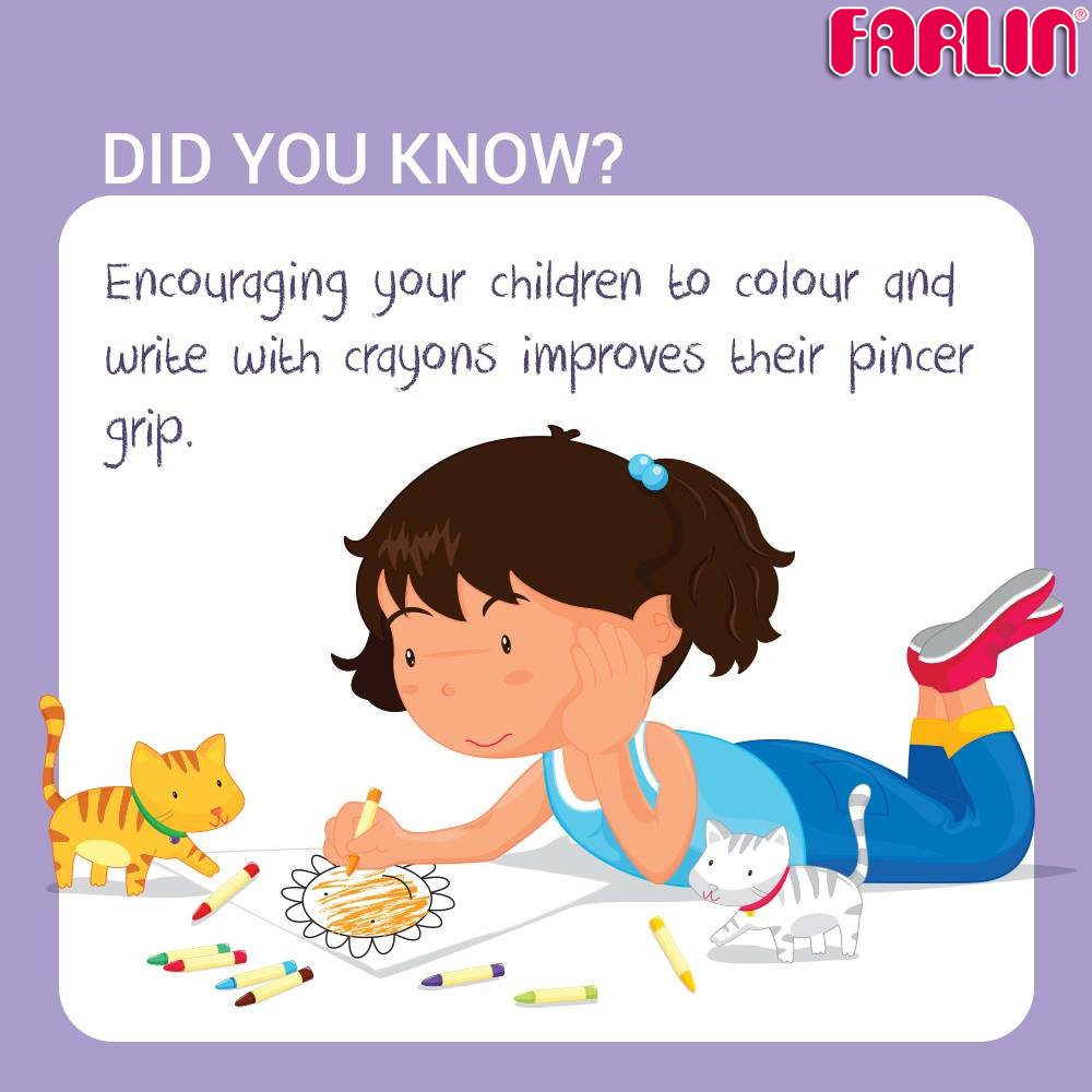 Encourage your child to Color and Write for Pincer Improvement.

#farlinindia #farlinbaby #childImprovement #motherhood #didyouknow #fact