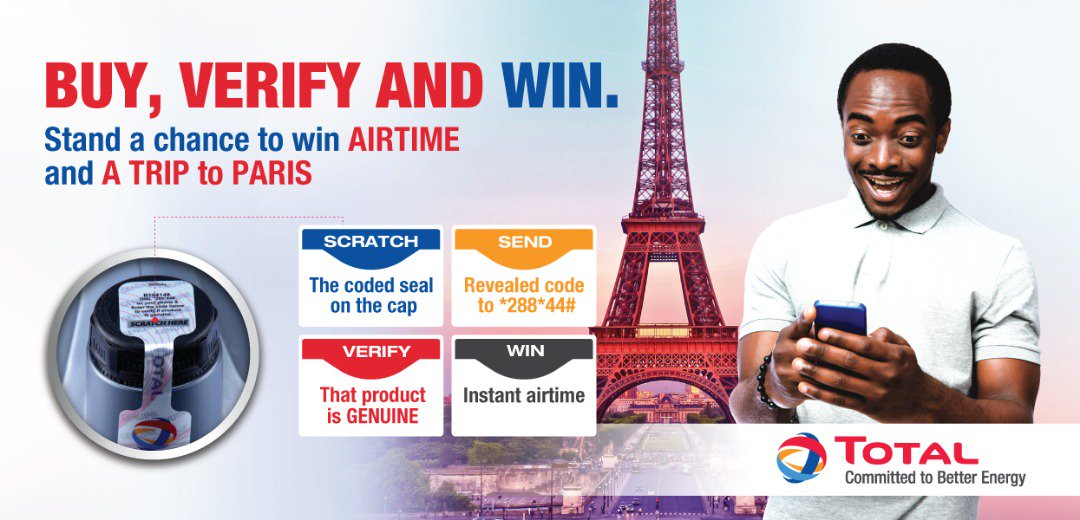TotalEnergiesUG's tweet image. BUY VERIFY AND WIN.

Win instant Airtime and stand a chance to WIN an all expense paid Trip to Paris.
- Scratch the coded seal on the cap
- Send Revealed code to *288*44#

#TotalLubes #BuyVerifyWin