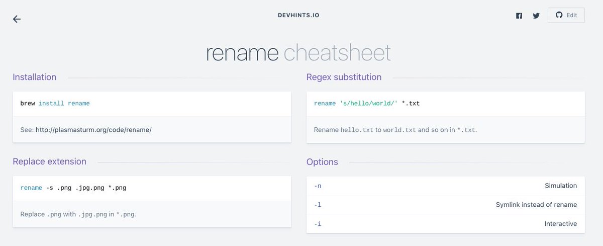 devhints's tweet image. CLI: change extensions easily using `rename`:
$ rename -s .jpg .jpeg *
⚡devhints.io/rename