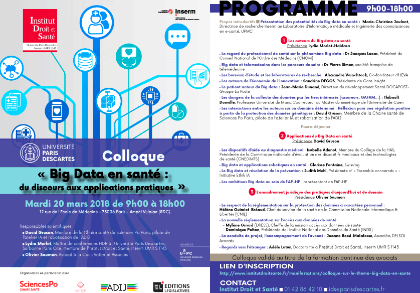 chadebruyn's tweet photo. Le #colloque #bigdata en #sante c'est demain - mardi 20 mars 2018 (9h - 18h) mais vous pouvez encore vous inscrire aujourd'hui @Instidroitsante @DroitDescartes @UParisDescartes. Retrouvez le programme détaillé sur = https://t.co/MGe610EX5o https://t.co/vW2bR7ebMt