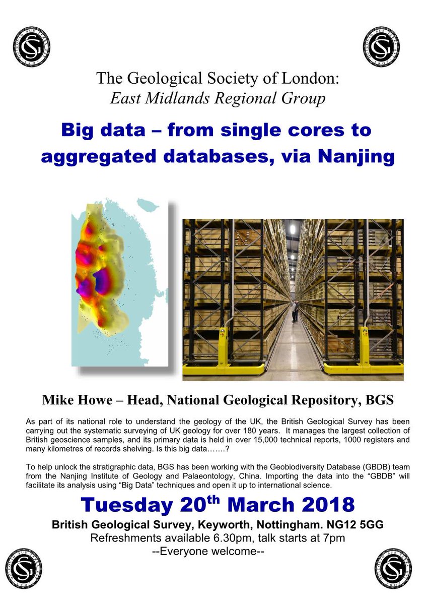 EMRGGeolSoc's tweet photo. Join @EMRG Chair and Head of the @BritGeoSurvey National Geological Repository to hear about "Big data - from single cores to aggregated databases" #geology #nottingham https://t.co/S4WMtBFwEO