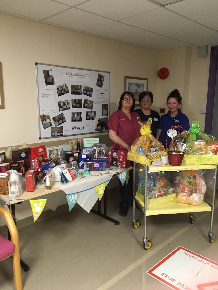 Only1annsmith's tweet photo. Easter Tombola and raffle on ward 14. Some fabulous goodies to be won. #allforpatients #staffcommitment @annetuc_ot @MichelleDurkin7 @CatherineSilco1 @Carla2711 @AbigailFryer @lottiec91 @MarleneVaz @tillyboss https://t.co/JzjvBygOSw