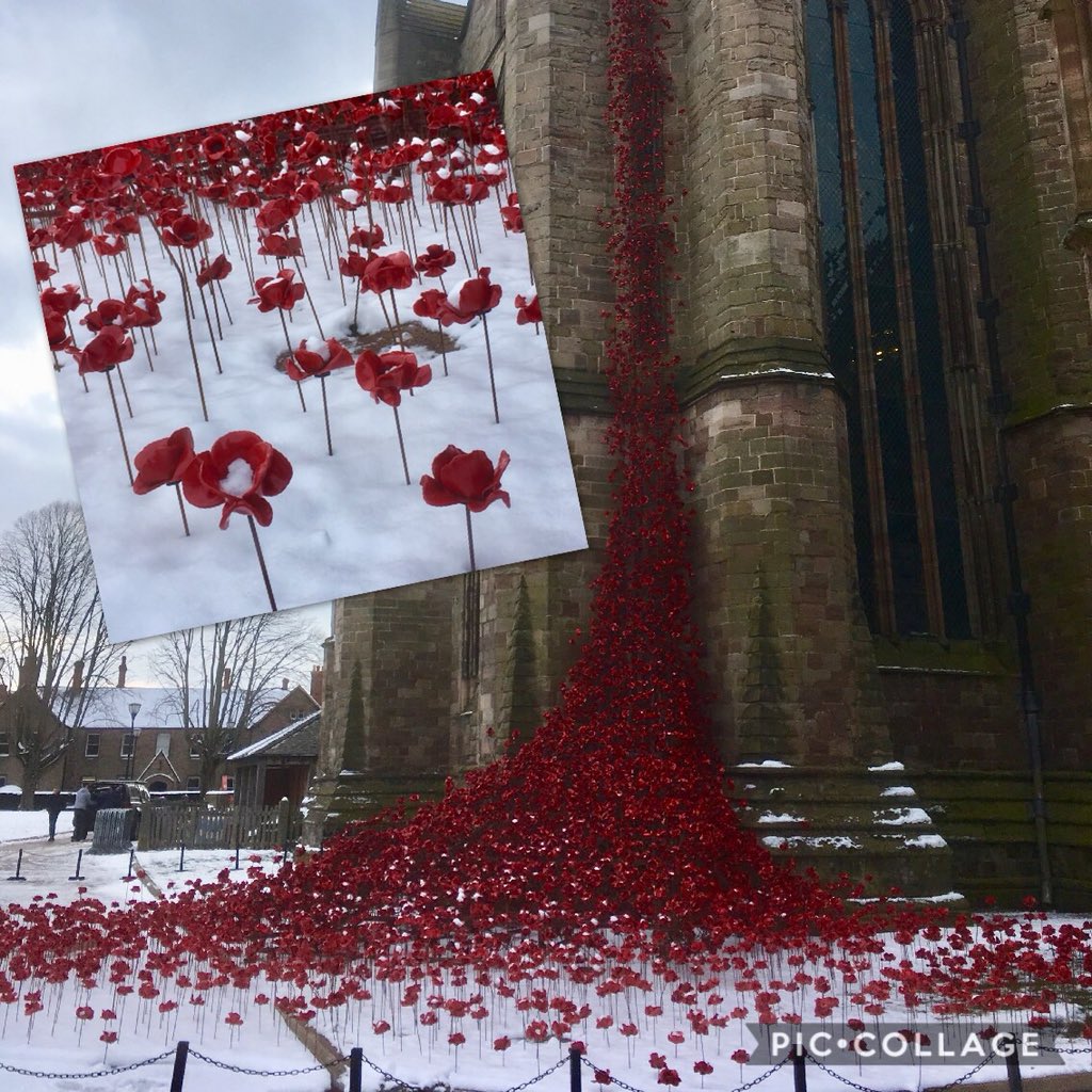 HfdMeansBiz's tweet photo. Although the Poppies #WeepingWindow @HFDCathedral looked amazing in the snow #PoppiesTour #LestWeForget #tompiper @1418NOW @PaulCumminsMBE #HMBiz #HerefordHour https://t.co/AYa2i2EqR9