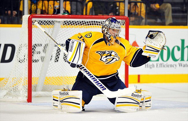 Buccigross's tweet photo. With his next win, Pekka Rinne will become the seventh goalie with three or more 40-win seasons (he’s 39-9-4!). Rinne hasn’t won a Vezina in his career (two 2nd places). At 35, I hope the GMs vote him one this year. Outstanding season. @PredsNHL https://t.co/yiyTjM9On9