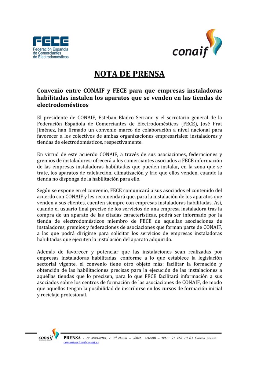 AEFOmlg's tweet photo. Adjuntamos nota de prensa del acuerdo alcanzado a nivel nacional por  CONAIF y FECE para que sean empresas instaladoras habilitadas las que  instalen los aparatos de calefacción, climatización y frío que venden  las tiendas de electrodomésticos. https://t.co/LEilDovZtf