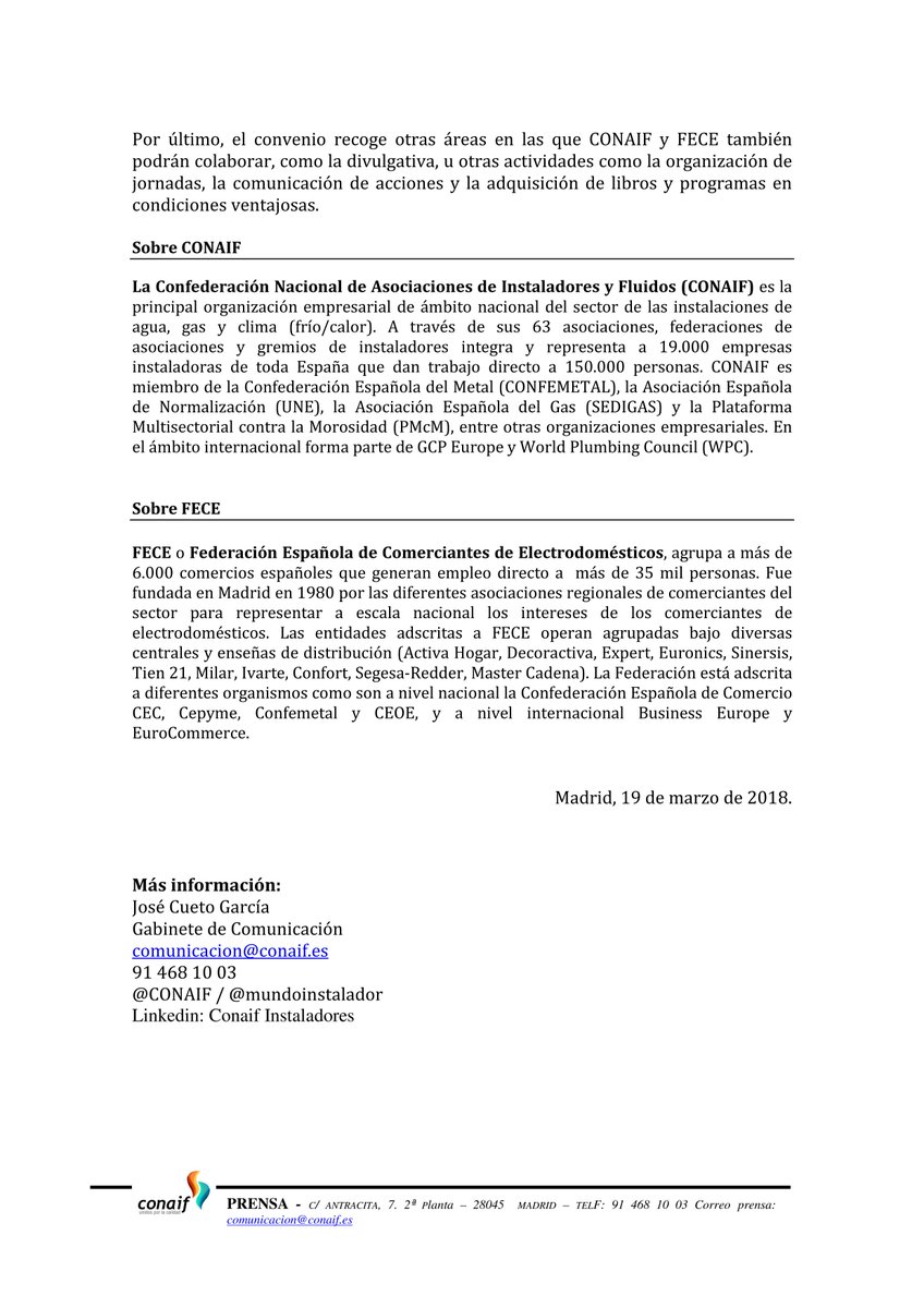 AEFOmlg's tweet photo. Adjuntamos nota de prensa del acuerdo alcanzado a nivel nacional por  CONAIF y FECE para que sean empresas instaladoras habilitadas las que  instalen los aparatos de calefacción, climatización y frío que venden  las tiendas de electrodomésticos. https://t.co/LEilDovZtf