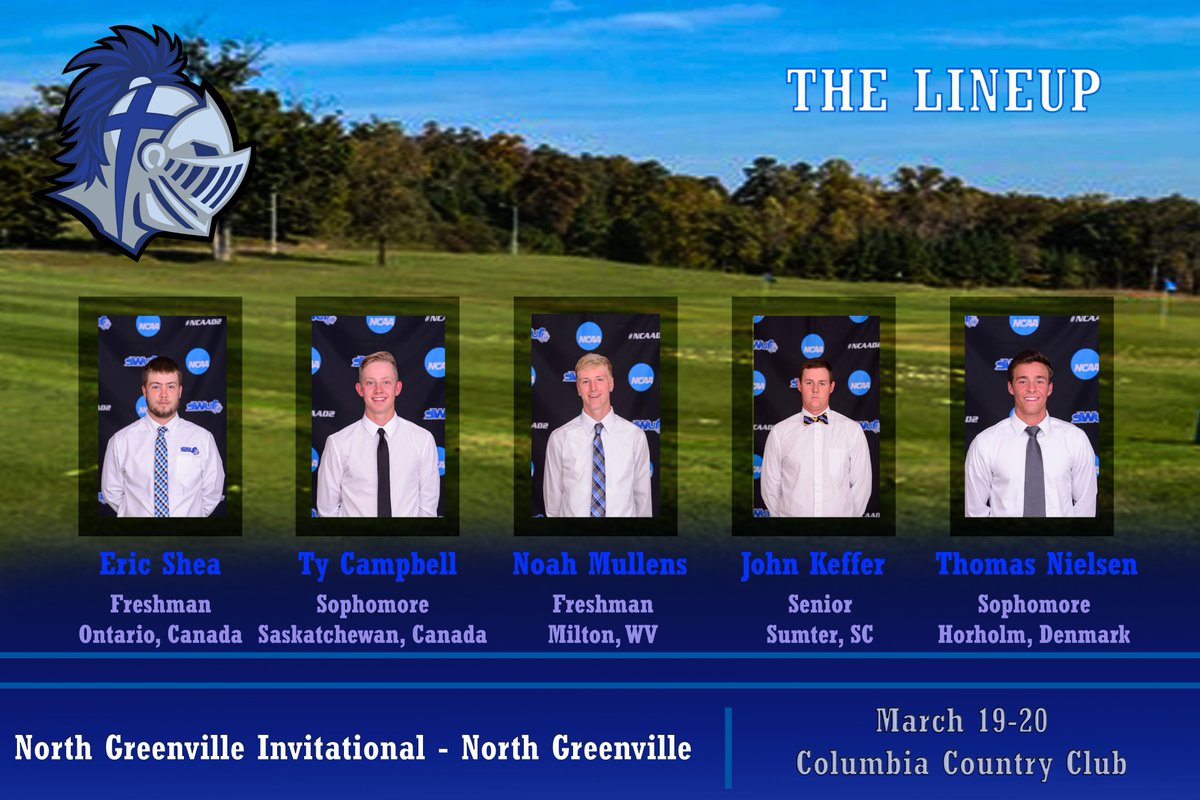 SWUWarriors's tweet photo. Men's Golf is in action today and tomorrow in the North Greenville Invitational. Check out our team starting five! Freshman Zach Huebner will compete as an individual during the tournament as well. #teamswu #confcarolinas #swugolf https://t.co/dJzUUl5Y9e