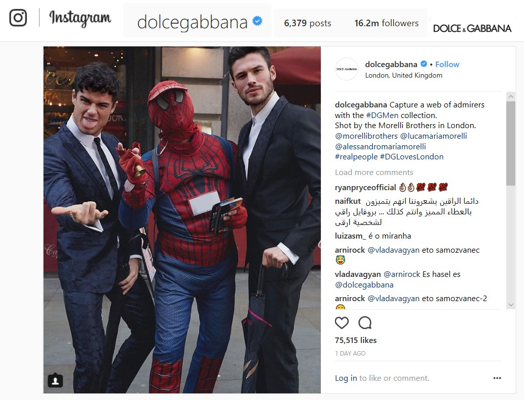 HelloMrsBell's tweet photo. When your client is featured by @dolcegabbana @PHLondon #spiderman #dgloveslondon AMAZING photo by #morellibrothers  Looking #beautiful guys #beingniceiscool #fashion #pr https://t.co/10hYjBHIv5