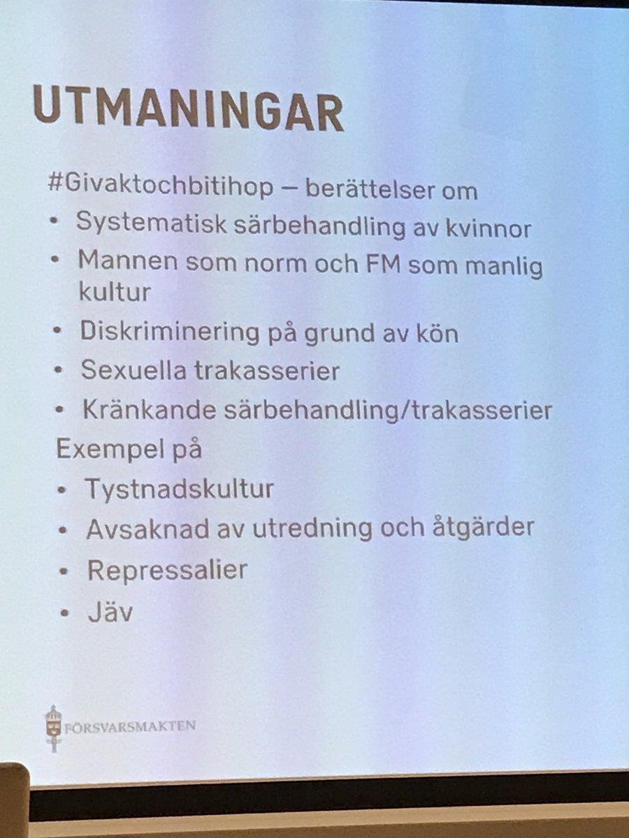 #Givaktochbitihop visade på att Försvarsmakten systematiskt särbehandlar kvinnor, man ser det som en ”kvinnofråga” och att mannen är ”norm”. Strukturer som man inte hade sett tidigare. Det finns en värdegrund men samtidigt en #tystnadskultur #sjöfart #paralleller #vågrätt