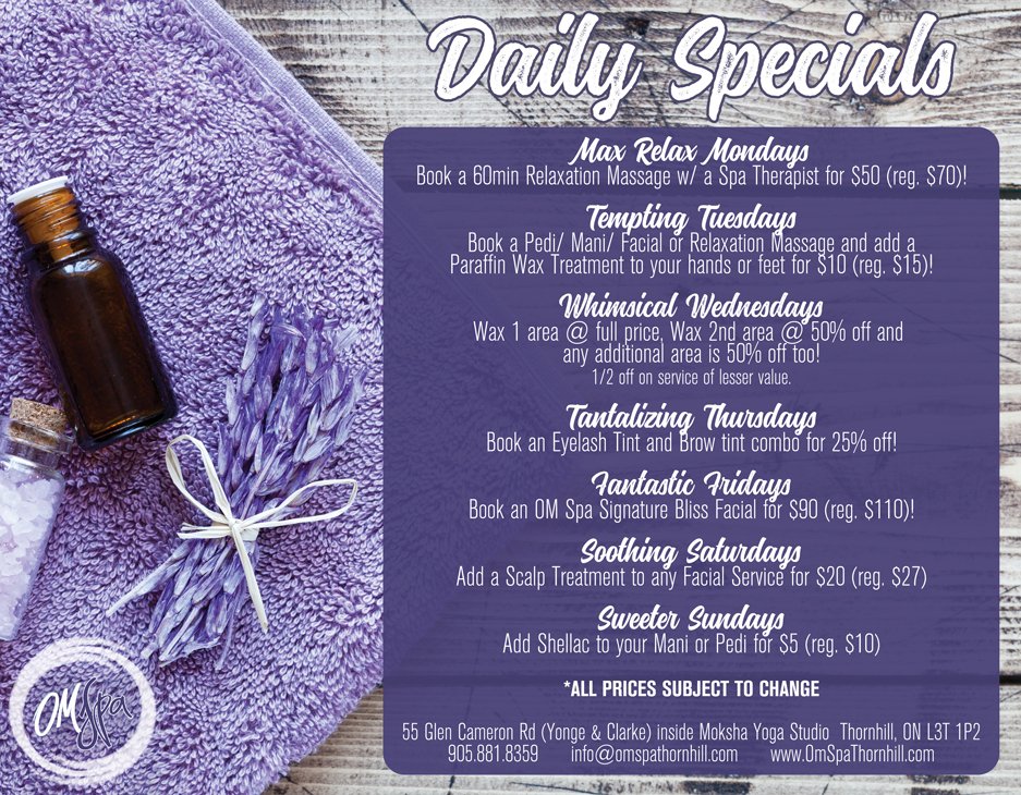 OmSpaThornhill's tweet photo. MAX RELAX MONDAY! $50 for a relaxation massage (reg. $70). Call to scoop up a spot. 905.881.8359 or email info@omspathornhill.com!
.
.
#massage #relaxation #dailyspecials #dailypromos #spaspecials #spapromos #yorkregion #thornhill #northyork #richmondhill #maple #vaughan #markham https://t.co/UxLzLmANyT