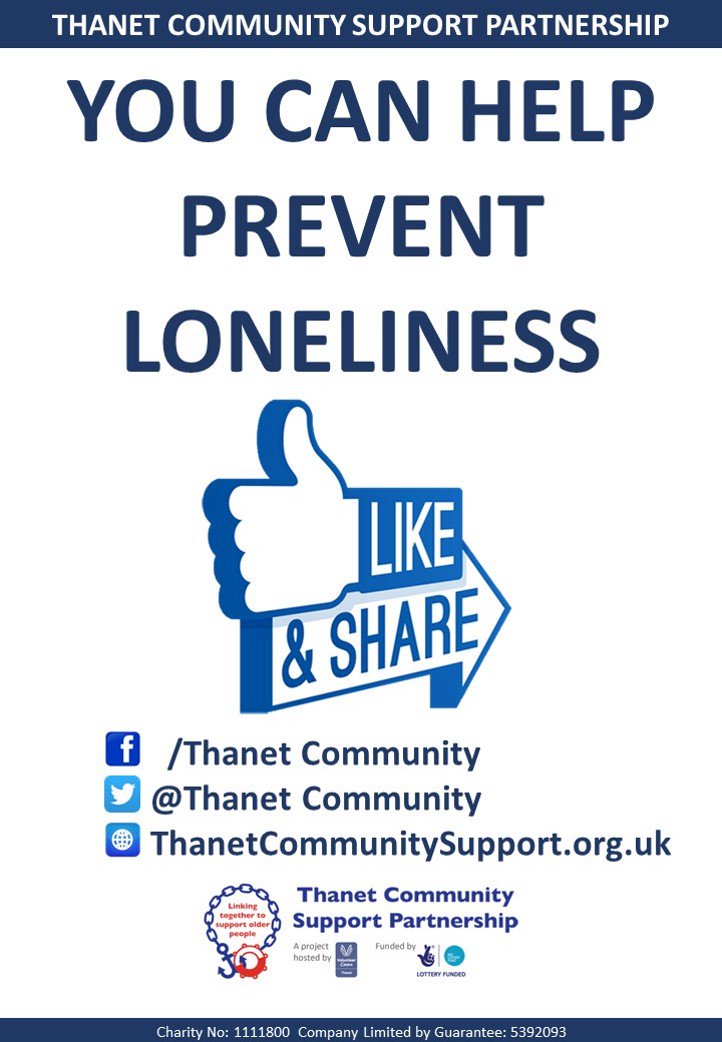 Do you know an older person who is lonely or in need of support? 
Not sure how to help them?  
YOU CAN HELP! 
PLEASE SHARE OR CLICK THE LINK! bit.ly/2IAeOkt
Help us prevent loneliness in #thanet
@LOVE_RAMSGATE
<a href="/IAmCliftonville/">Love Cliftonville</a> <a href="/LoveMargate/">Love Margate</a> <a href="/broadstairsinfo/">BroadstairsInfoKiosk</a> <a href="/RamsgateTown/">Ramsgate Town Council</a>