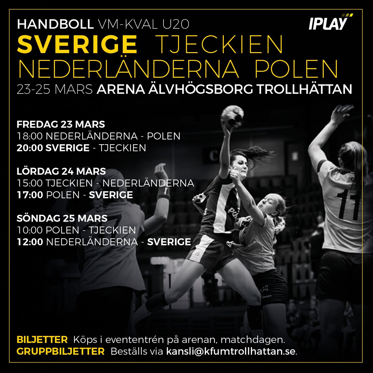 Kom till Arena Älvhögsborg och titta på handboll i toppklass! 
23-25 Mars spelas damernas U20 VM-kval i Trollhättan, vi hoppas att få se dig där! :)
#handboll #vmkval #arenaälvhögsborg 
Läs mer:
kfumtrollhattan.se/start/?ID=12711