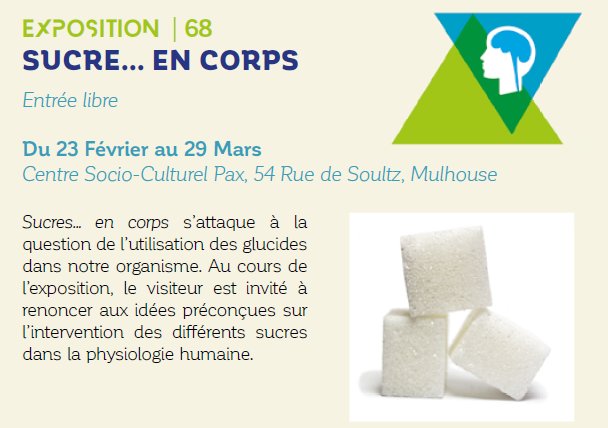mulhouse's tweet photo. Tout savoir des interactions du #sucre dans notre corps : jusqu'au 29 mars au #CSCPax à #Mulhouse, découvrez l'#exposition "Sucre...En corps", dans le cadre du mois de la #santé et de la recherche médicale dans le #GrandEst @Inserm @Nefdessciences https://t.co/6iL8JVKAoK