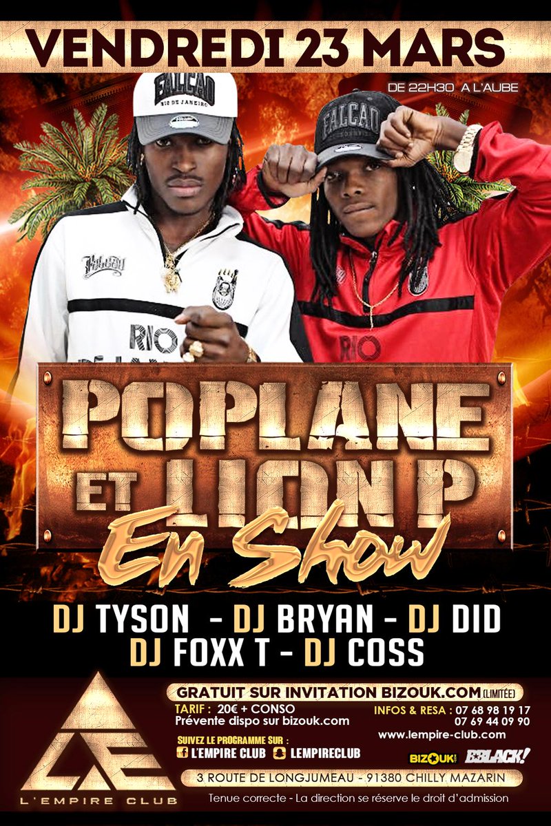DjTysonShow's tweet photo. ☆ POPLANE x @lionpii EN SHOW À @Lempireclub1 CE VENDREDI 23 MARS !
DJS: TYSON @Bryan_music973 @DidDj @DJFoxxT @DjCosS972
Préventes 👉🏼 https://t.co/COkhElg70a !
.
#lempireclub #paris #poplane #lionp #guyane #antilles #friday #dancehall #laguyaneengrand #wakaman https://t.co/hZw87jHmFy