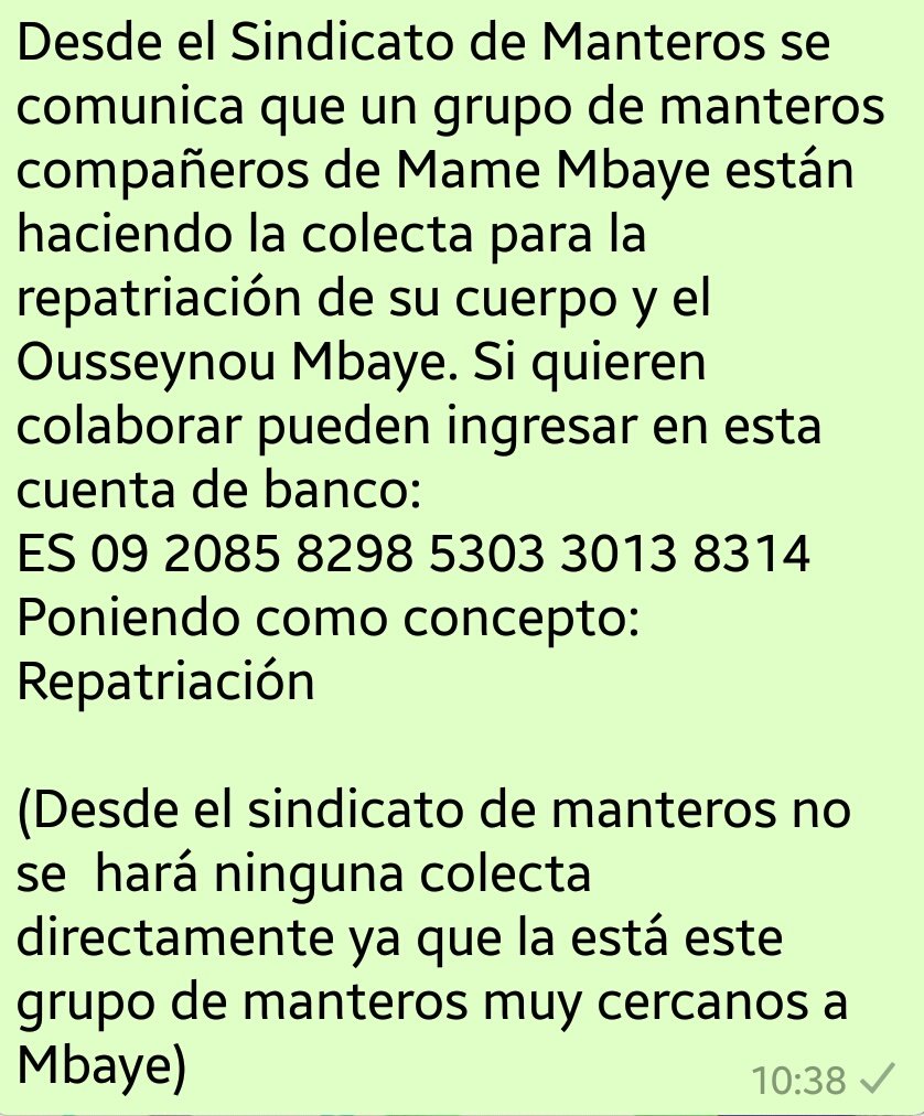 Se está recolectando dinero para repatriar el cuerpo de nuestro hermano Mame Mbaye ¡Toda colaboración es bienvenida!