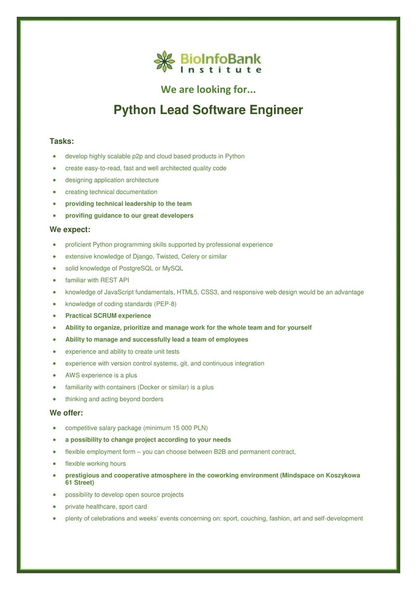 bioinfobank's tweet photo. We're looking for Python Lead Software Engineer? Can you recommend us someone special for this role..? :) https://t.co/kKqgaAXMq3