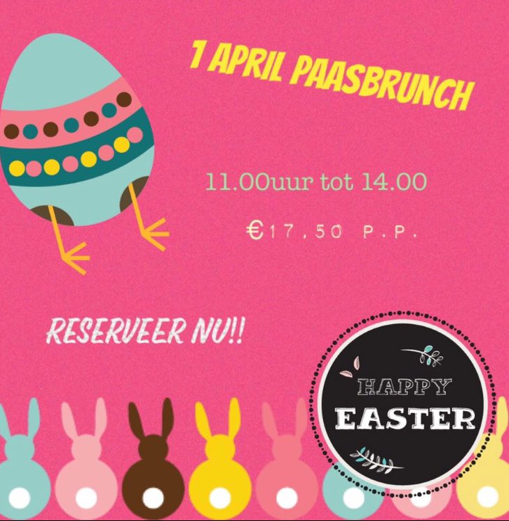 Paasbrunch @dekruisweg
Kom paaszondag genieten van een heerlijke Paasbrunch!! 
Reserveer op tijd want vol=vol. Via app of een belletje naar 0653692729
(Kids 0-3 jaar gratis
4-12 jaar €7,50)