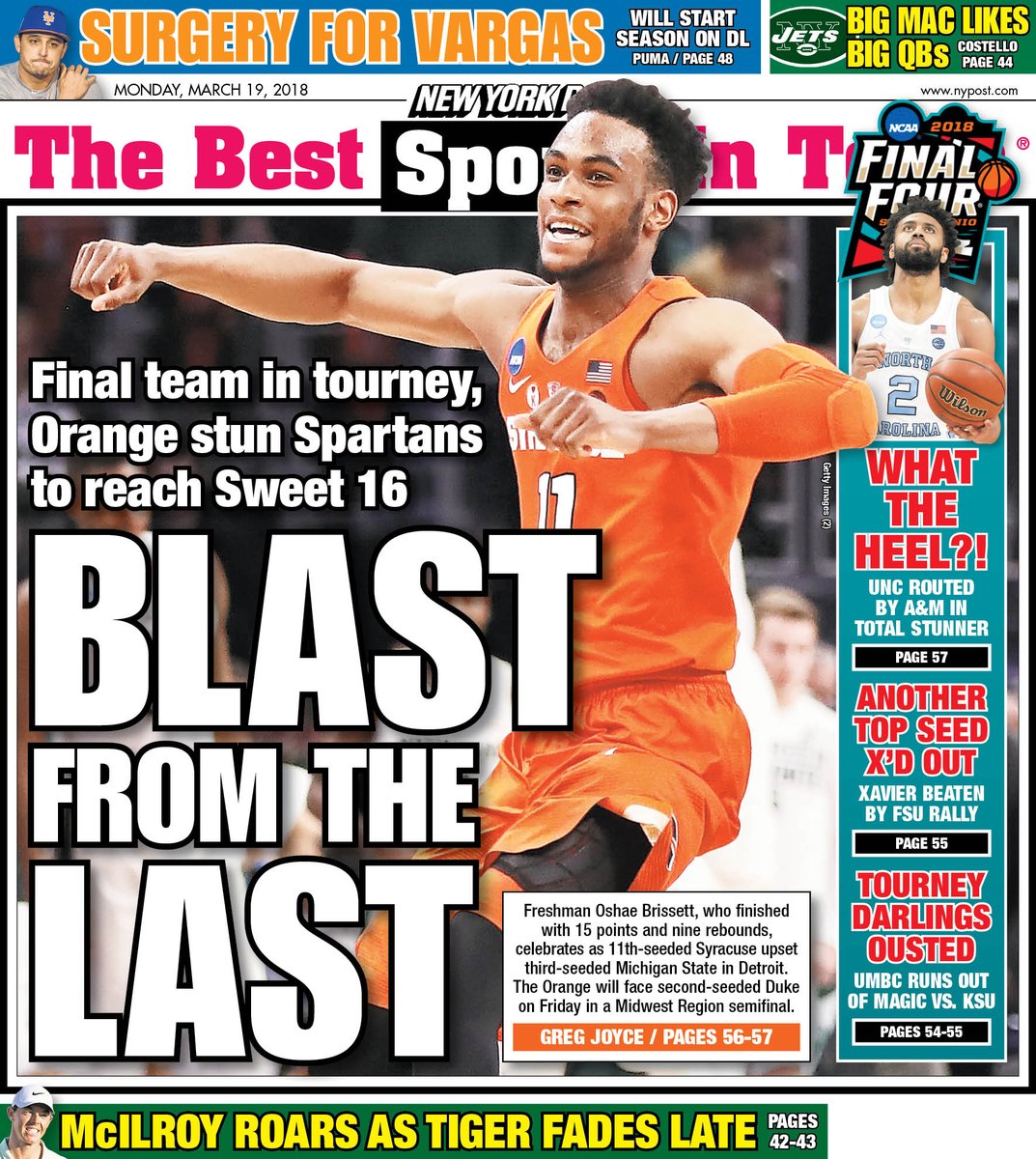 jordville's tweet photo. Back page of the NY Post... "Blast from the Last" ๐
#Syracuse #Orange #CuseNation #CuseMode #StillDancing #OnToTheNextOne #BringOnDuke #BeatDuke #SweetSixteen #MarchMadness https://t.co/b0Gi9sAViT