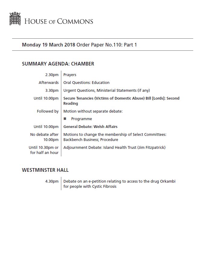 Order Paper for the House of Commons on Monday 19 March 2018
