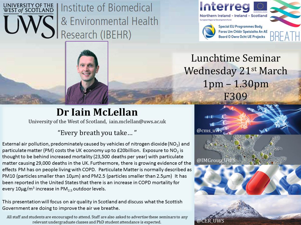 DrIMcLellanUWS's tweet photo. On Wednesday 21st March I will be delivering the #IBEHR lunchtime #research seminar on #AirQuality https://t.co/XsH499bZNA